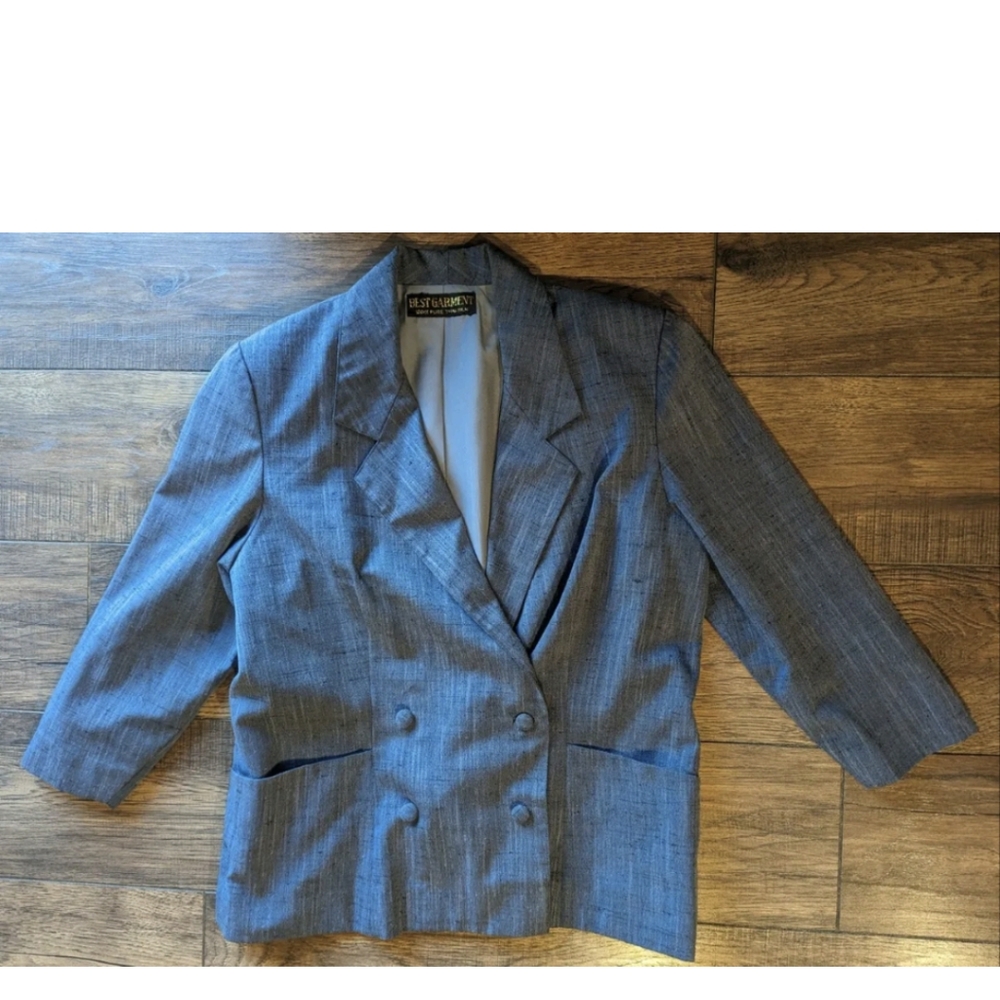 Best Garment 100% Thai Silk Blue Textured Blazer Jacket Double Breasted Size Med